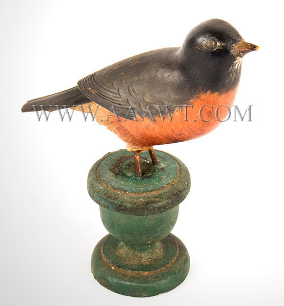 Antique Carved Robin on Stand, Folk Carving, Late 19th Century, facing right view